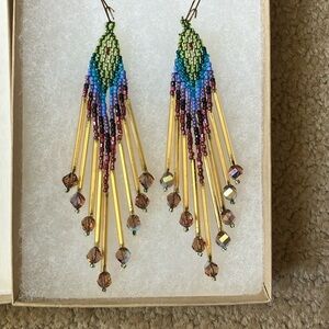Green and Blue Chevron Fringe Earrings